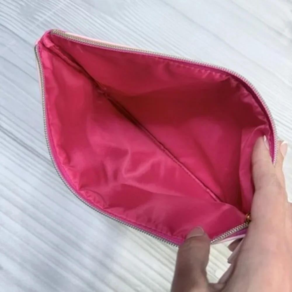 Too Faced Pink Cosmetic Makeup Bag Zip Pouch Bow Design Affirmations